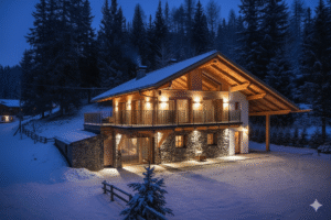 Chalet winter evening lights